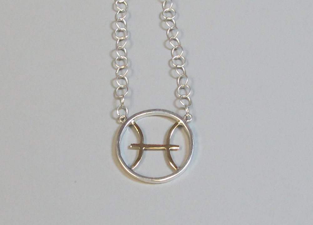 Pisces Zodiac Necklace Sterling Silver with 14K Yellow Gold - Click Image to Close